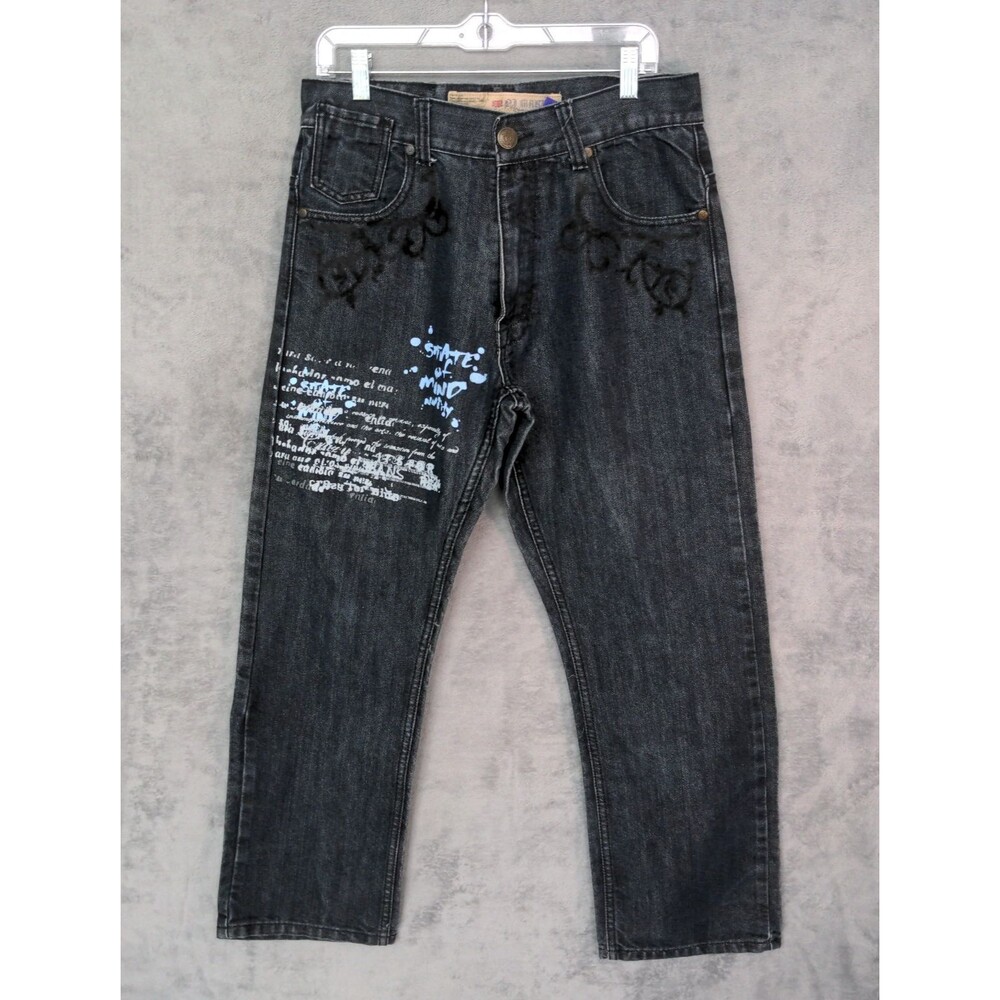 PJ Mark Y2K Baggy Jeans Mens 32x30 Blue Wide Leg Hip Hop Skater Burn Out Detail